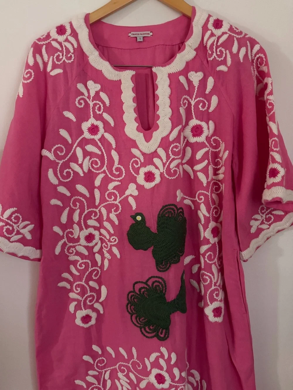 Frances Valentine Peacock Caftan Maxi Dress Women Small Pink Green White